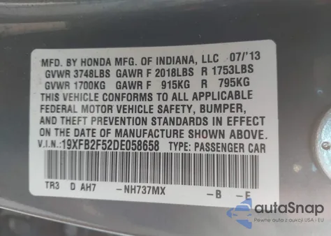 2013 Honda Civic Lx из США, поврежденный, VIN 19XFB2F52DE058658